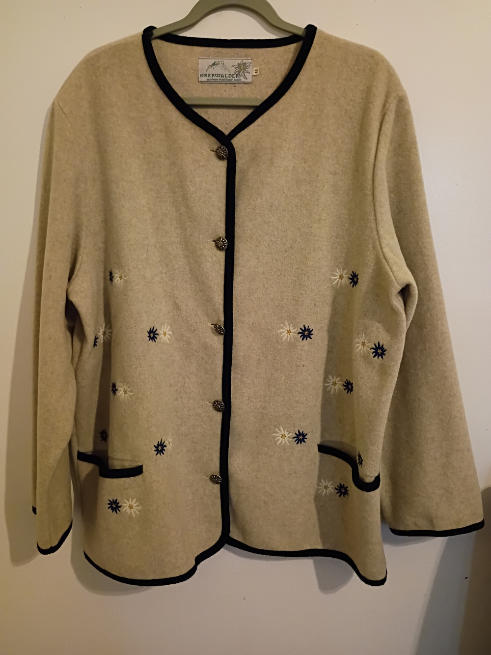 Obermeyer Women's Tan Embroidered Jacket Loden Wool‎ Blend Sz 44 15/16